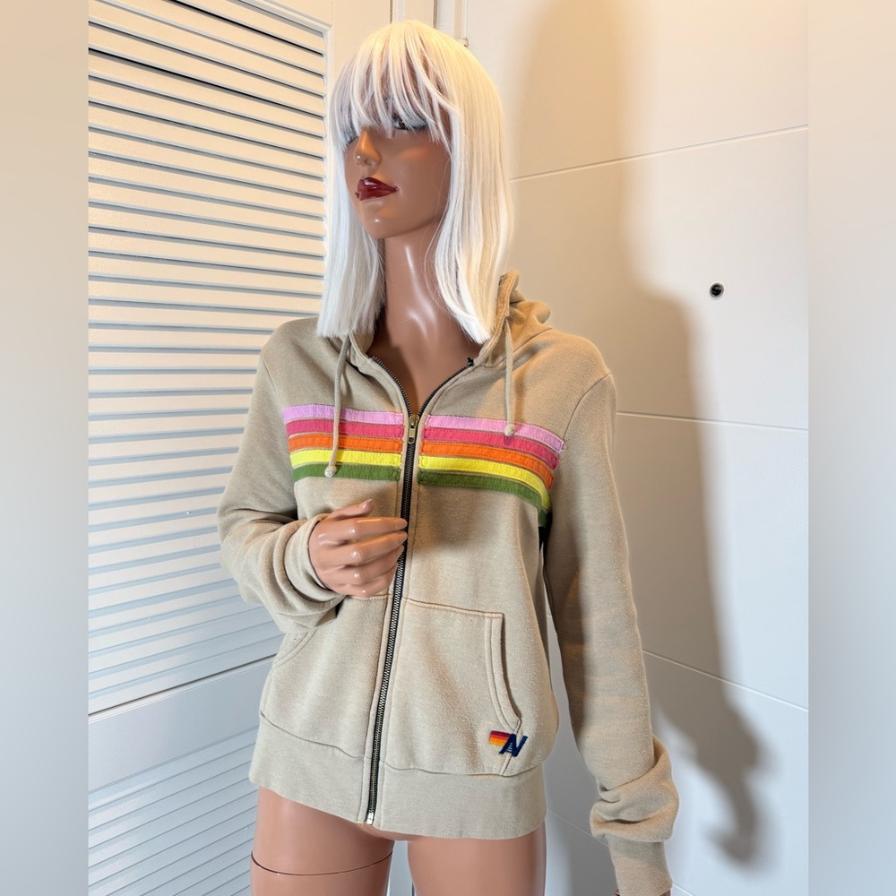 Aviator Nation Tan Zip-Up Hoodie with Rainbow Stripes size XS